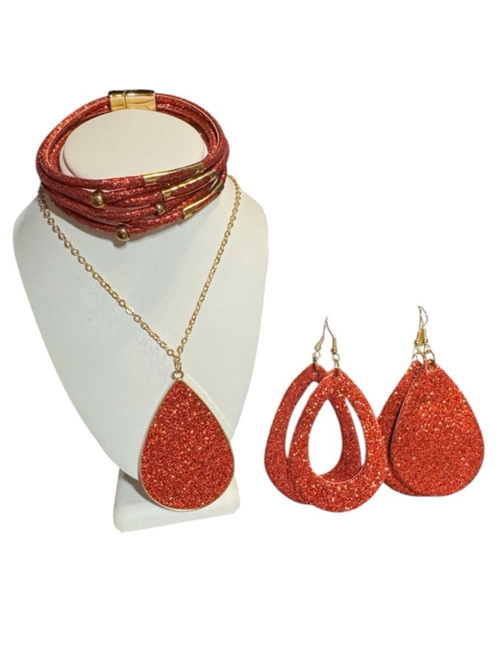 *Red and Gold Glittery Necklace Bracelet Earring Set - Picture 2 of 11